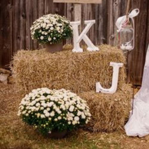 Square bales of hay surrounded by flowers and wedding decor